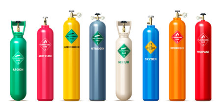 Gas cylinders and tanks realistic set with helium and oxygen symbols isolated vector illustrationのイラスト素材