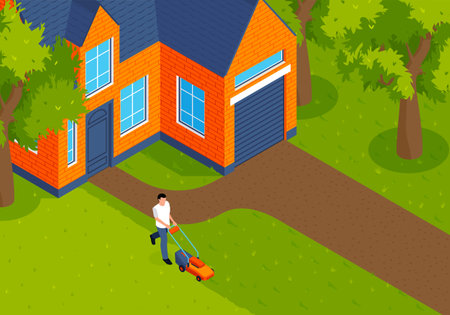 Isometric lawn mower concept with man cutting grass on house backyard vector illustrationのイラスト素材