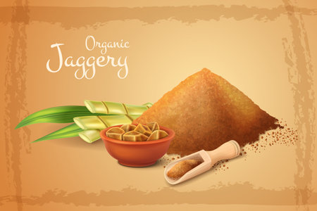 Organic jaggery powder and blocks with fresh sugar cane on color background realistic vector illustrationのイラスト素材