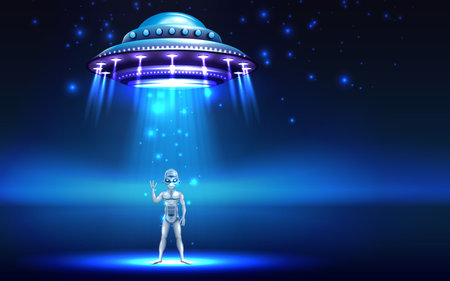 Alien ufo background with galaxy research symbols realistic vector illustrationのイラスト素材