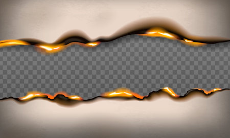 Burnt paper realistic set with isolated upper and lower borders of burning sheet on transparent background vector illustrationのイラスト素材