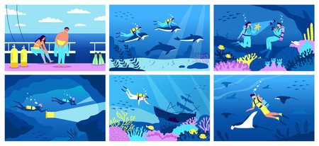 Diving flat poster set with people snorkeling underwater isolated vector illustrationのイラスト素材
