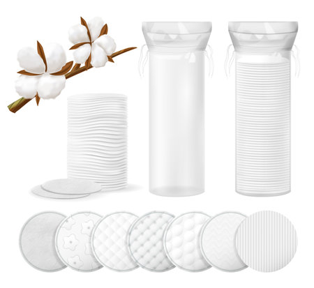 Realistic cosmetic cotton pads icon set different styles and patterns pads baggies for wrapping and cotton vector illustrationのイラスト素材