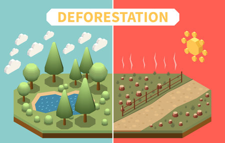 Deforestation consequences leading to global problems of climate and ecosystem changes isometric background vector illustrationのイラスト素材