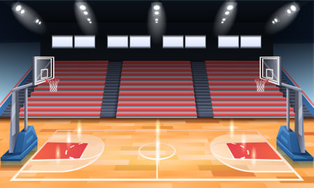 Cartoon design of modern indoor basketball court illuminated with spotlights vector illustrationのイラスト素材