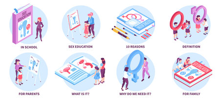 Isometric sex education composition set with school and family gender enlightment isolated vector illustrationのイラスト素材