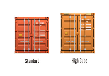 Two isolated realistic cargo containers of different colour and size with captions vector illustrationのイラスト素材