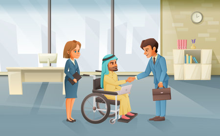 Cartoon disabled arab man in wheelchair shaking hands with office worker vector illustrationのイラスト素材