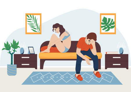 Man urology flat composition with interior view of living room with distracted couple having no sex vector illustrationのイラスト素材