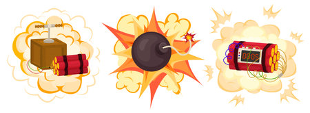 Dynamite bomb flat set of three isolated icons with detonating demolition explosives and clouds of smoke vector illustrationのイラスト素材