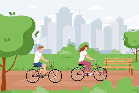 Man healthy lifestyle flat composition with cityscape background and urban park scenery with couple riding bikes vector illustrationのイラスト素材