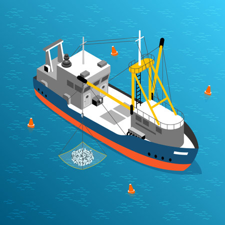 Commercial fishing boat in open sea loading net with fish 3d isometric vector illustrationのイラスト素材
