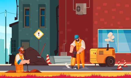 Road repair cartoon background with two men in uniform working with maintenance equipment flat vector illustrationのイラスト素材