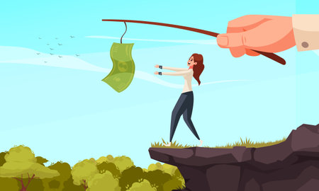 Money manipulation design concept with businessman manipulating woman with banknote on fishing rod cartoon vector illustrationのイラスト素材