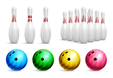 Realistic ball bowling icon set pins in groups and individually different colors and weights billiard balls vector illustrationのイラスト素材