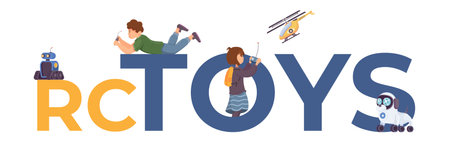 Flat remote controlled toys text with blue and yellow letters boy and girl controlling robot helicopter dog vector illustrationのイラスト素材