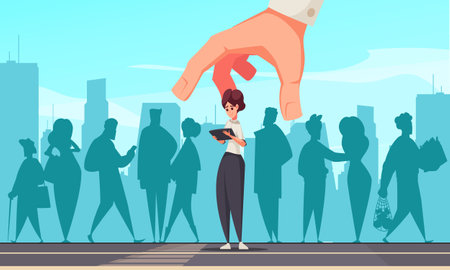 Society manipulation design concept with urban residents receiving false information from gadgets cartoon vector illustrationのイラスト素材