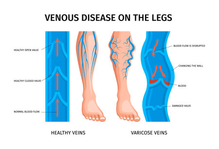 Venous disease of legs infographics  scheme of blood flow in healthy and varicose veins realistic vector illustrationのイラスト素材
