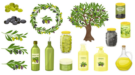 Olives flat set of isolated icons with ripe leaves trees canned olives oil bottles and tree vector illustrationのイラスト素材
