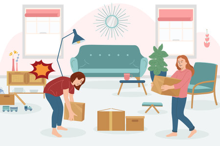 Household injuries flat composition with indoor view of living room renovation with woman getting back hurt vector illustrationのイラスト素材