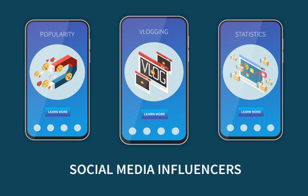 Isometric set of vertical social media mobile banners with popularity vlogging and statistics images isolated 3d vector illustrationのイラスト素材