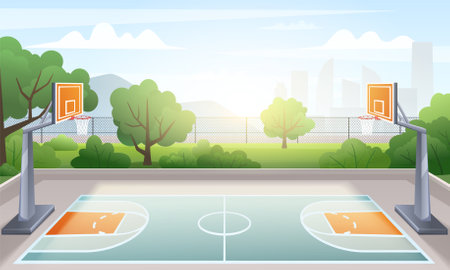 Empty outdoor urban basketball court on background with green trees and silhouettes of skyscrapers cartoon vector illustrationのイラスト素材
