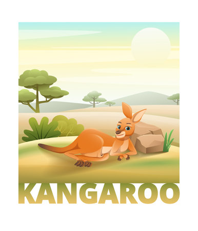 Cute kangaroo having rest lying on green plain cartoon vector illustrationのイラスト素材