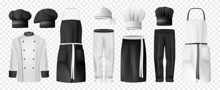 Realistic culinary clothing transparent icon set black and white tunic hats chef aprons pants vector illustrationのイラスト素材