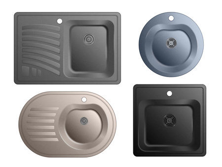 Realistic ceramic sink icon set round and square sinks with or without drying space vector illustrationのイラスト素材