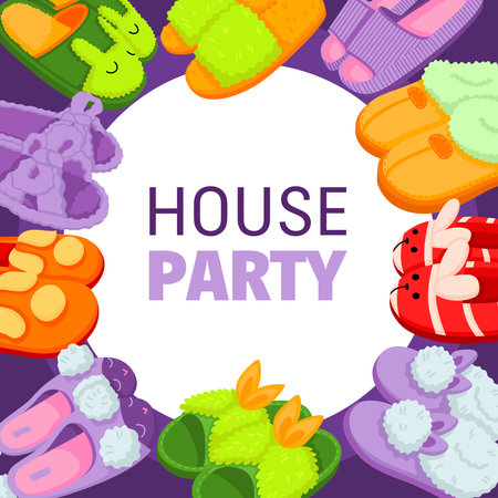 House pyjamas party flat round frame with colorful pairs of fluffy soft slippers vector illustrationのイラスト素材