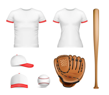 Realistic sport baseball mockup icon set womens and mens t shirt baseball glove baseball and bat vector illustrationのイラスト素材