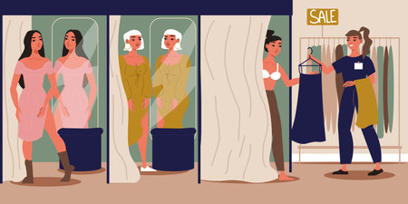 Fashionable boutique store background with fitting room flat vector illustrationのイラスト素材