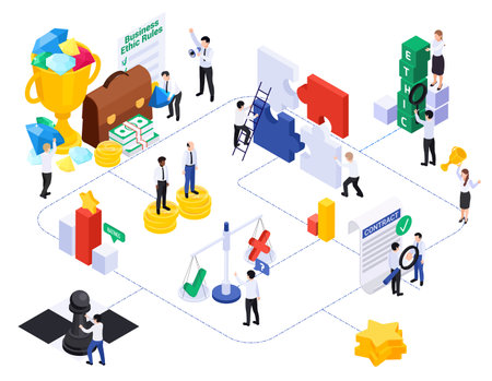 Business ethics isometric composition with set of isolated conceptual icons in flowchart connected with dashed lines vector illustrationのイラスト素材