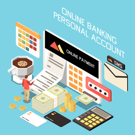 Online banking personal account with functions online payment sms notification electronic receipts isometric composition vector illustrationのイラスト素材