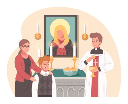 Christian church cartoon scene with child during sacrament vector illustrationのイラスト素材