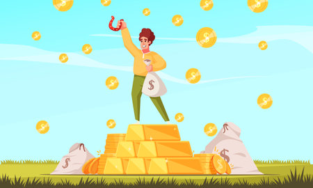 Lottery winning cartoon poster with happy man standing on gold heap vector illustrationのイラスト素材
