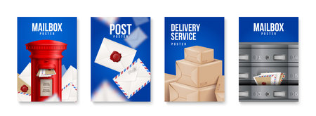 Four vertical realistic post poster set with mailbox post delivery service headlines vector illustrationのイラスト素材