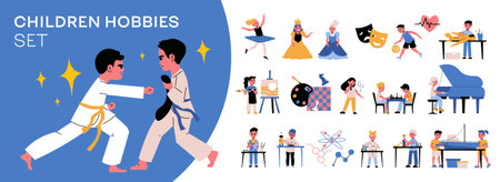 Creative hobbies flat big set with children having sports art dancing science robotics music classes isolated vector illustrationのイラスト素材