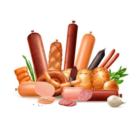 Realistic sausage composition with view of prepared meat products variety with greens spices on blank background vector illustrationのイラスト素材