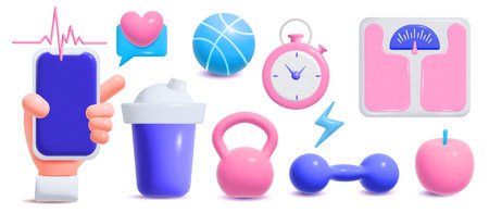 Cartoon set of color fitness equipment and healthy lifestyle symbols isolated against white background vector illustrationのイラスト素材