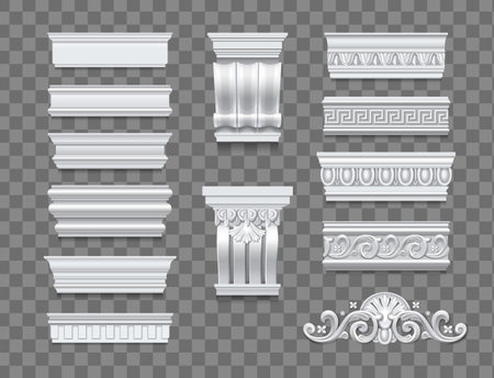 Set of classical architectural isolated elements for interior and building walls decor on transparent background realistic vector illustrationのイラスト素材