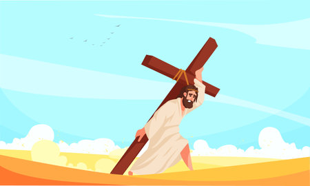 Holy Bible story of Jesus Christ carrying the cross cartoon vector illustrationのイラスト素材