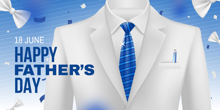 Realistic fathers day horizontal poster with elegant white male jacket and necktie on blue gradient background with bow ties vector illustrationのイラスト素材