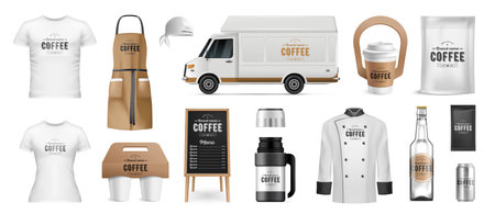 Corporate identity mockup for coffee shop realistic set with cups van bottle uniform isolated vector illustrationのイラスト素材
