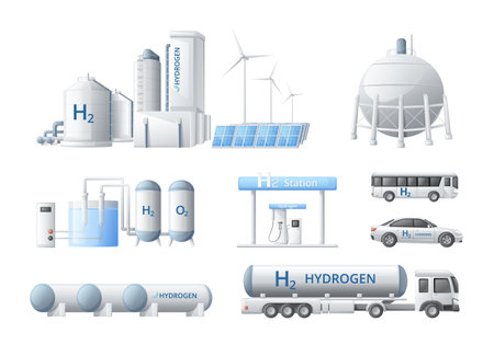 Green hydrogen energy fuel generation cartoon set of isolated compositions with industrial facilities vehicles and storages vector illustrationのイラスト素材