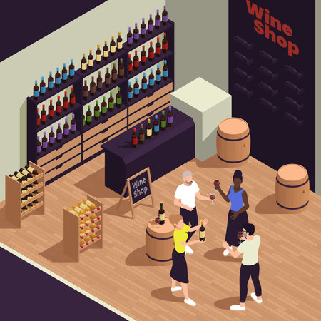 Small family business isometric composition with indoor scenery of winery store with bottles assortment and people vector illustrationのイラスト素材