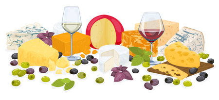 Cheese flat colored composition various pieces of cheese with fruit snacks and wine vector illustrationのイラスト素材