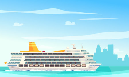 Cruise ships background with port and voyage symbols flat vector ilustrationのイラスト素材