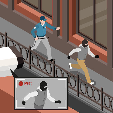 Security service isometric background with guard running for robber in mask recorded by video camera vector illustrationのイラスト素材