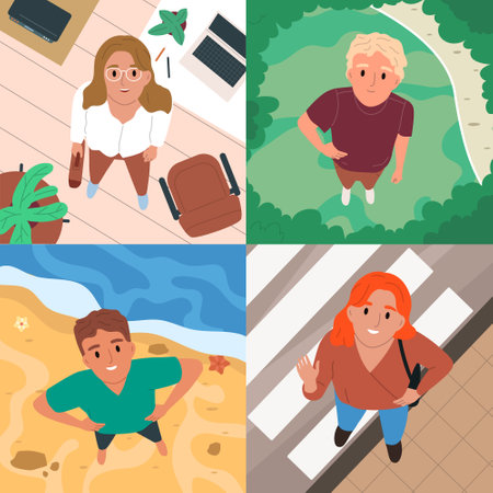 Flat people top view 2x2 set with happy men and women looking up in different places isolated vector illustrationのイラスト素材